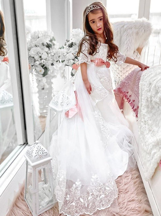 Sleeves 1/2 Train Sweep/Brush Off-the-Shoulder Sash/Ribbon/Belt Tulle A-Line/Princess Flower Girl Dresses