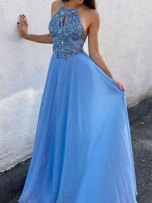 A-Line/Princess Chiffon Halter Beading Sleeveless Floor-Length Dresses