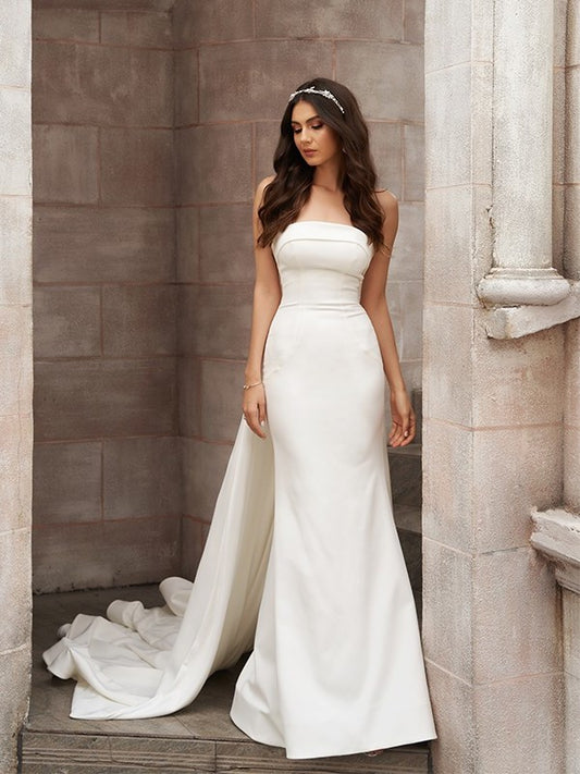 Satin Ruched Strapless Sleeveless Court Sheath/Column Train Wedding Dresses