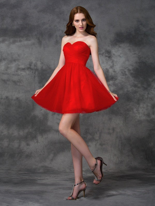 A-line/Princess Sweetheart Ruffles Sleeveless Short Homecoming Dresses Net Cocktail Micaela Dresses