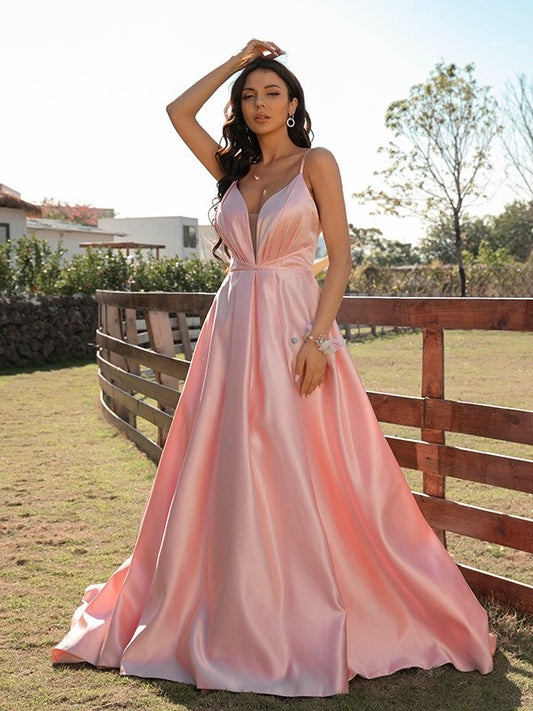 A-Line/Princess V-neck Satin Ruched Sleeveless Sweep/Brush Train Dresses