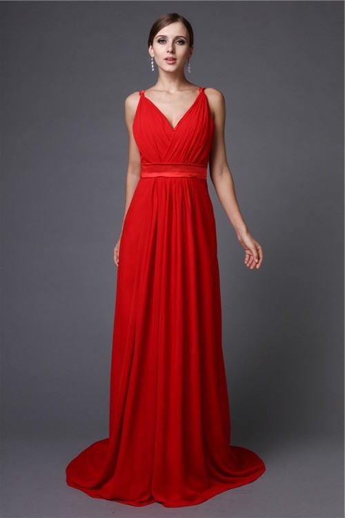 A-Line/Princess Long Sleeveless V-neck Ruffles Chiffon Bridesmaid Dresses