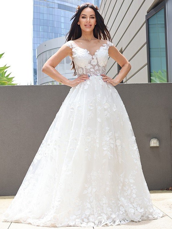 Tulle Sleeveless A-Line/Princess Applique V-neck Floor-Length Wedding Dresses