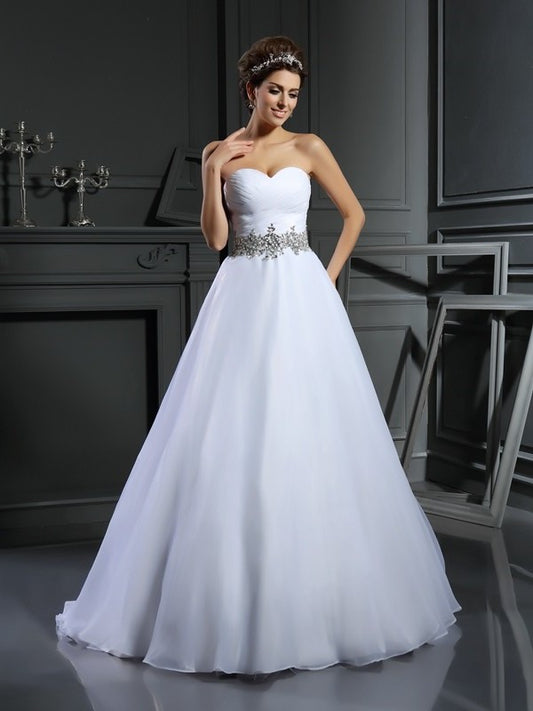 Long Sleeveless Ball Gown Beading Sweetheart Satin Wedding Dresses