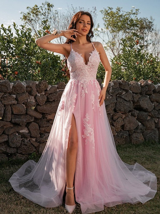 A-Line/Princess Sleeveless Tulle Applique V-neck Sweep/Brush Train Dresses