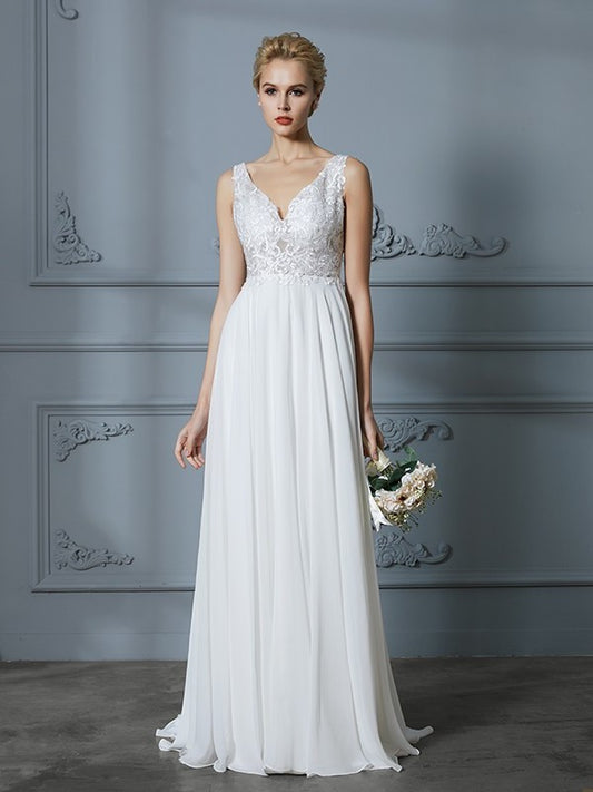 Train Sweep/Brush Sleeveless A-Line/Princess V-neck Chiffon Wedding Dresses