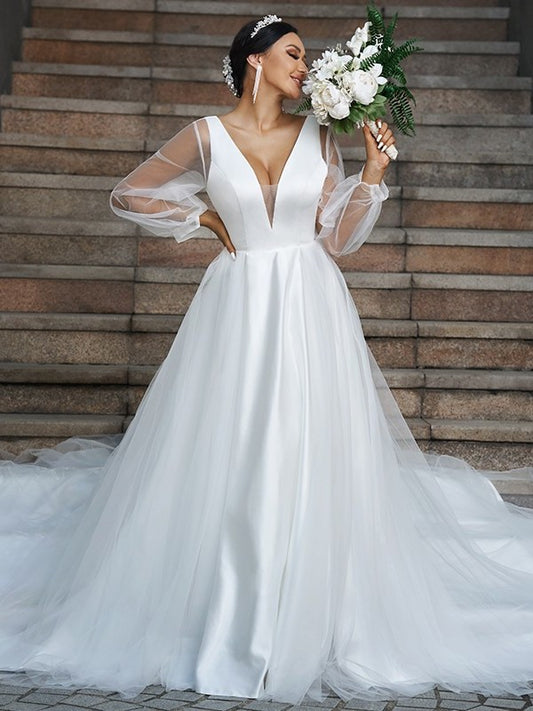 Long A-Line/Princess V-neck Sleeves Tulle Court Ruffles Train Wedding Dresses