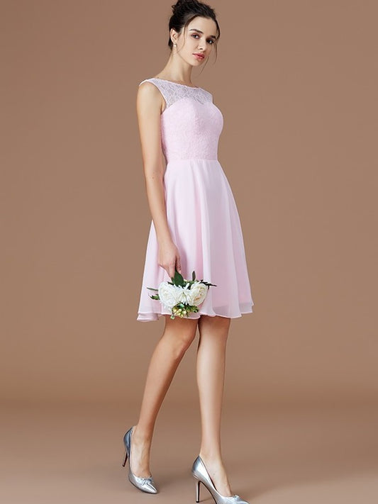 A-Line/Princess Sleeveless Bateau Lace Short/Mini Chiffon Bridesmaid Dresses