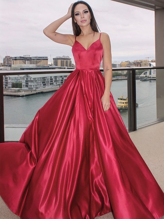 Ruffles Sleeveless A-Line/Princess V-neck Satin Floor-Length Dresses