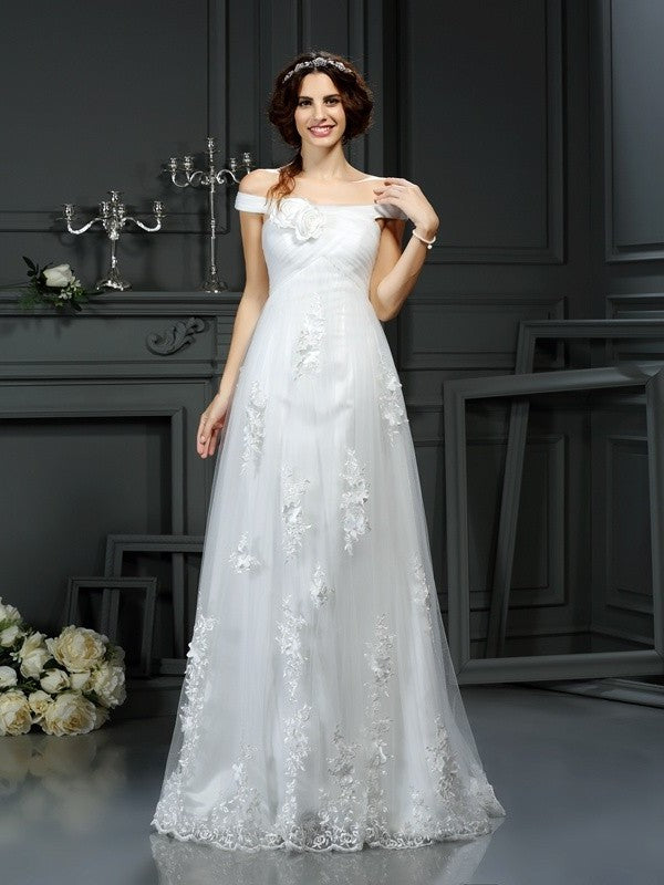 Applique A-Line/Princess Sleeveless Off-the-Shoulder Long Net Wedding Dresses