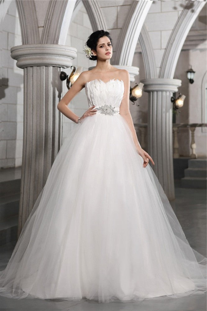 Strapless Long Beading Feather Gown Sleeveless Ball Net Wedding Dresses