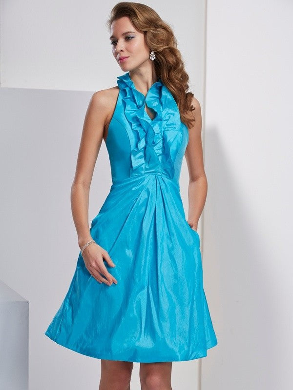 Sleeveless Short Ruffles Halter A-Line/Princess Taffeta Homecoming Dresses