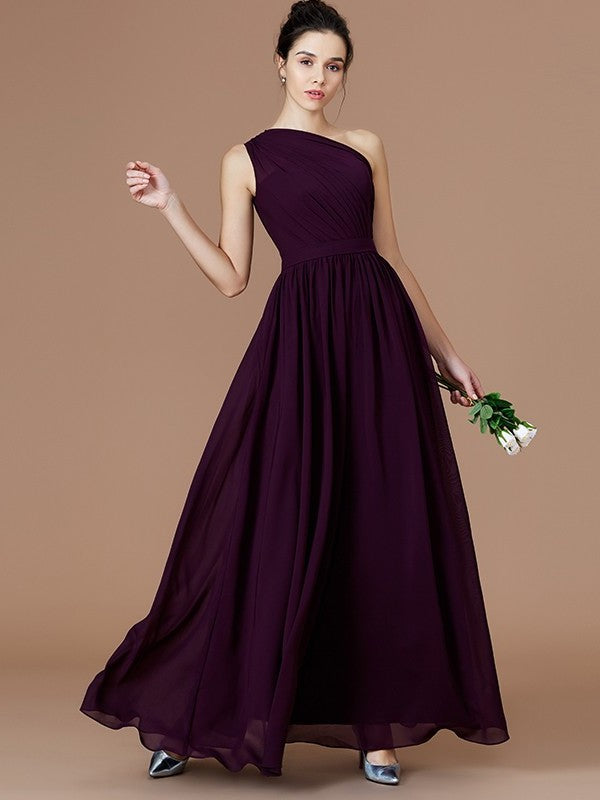 One-Shoulder Sleeveless A-Line/Princess Ruched Floor-Length Chiffon Bridesmaid Dresses