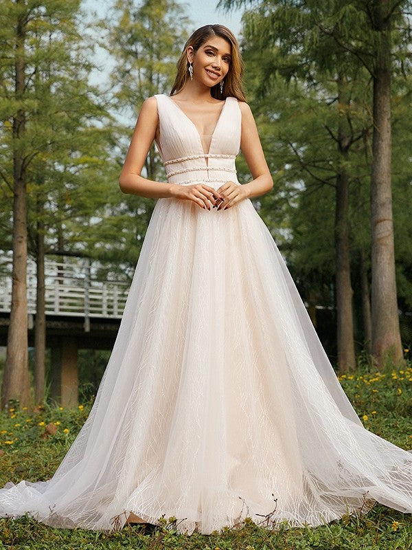 Tulle V-neck Ruffles A-Line/Princess Sweep/Brush Sleeveless Train Wedding Dresses