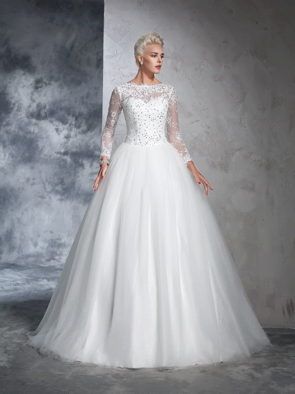 Ball Sleeves Long Bateau Gown Lace Long Net Wedding Dresses