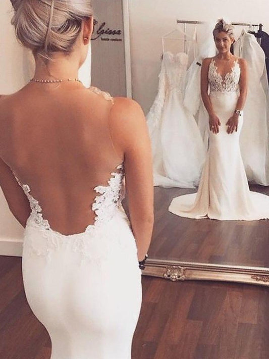 Trumpet/Mermaid Applique Sleeveless Scoop Spandex Court Train Wedding Dresses