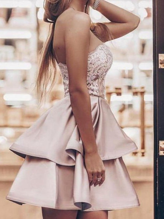 A-Line/Princess Strapless Applique Sleeveless Satin Short/Mini Homecoming Dresses