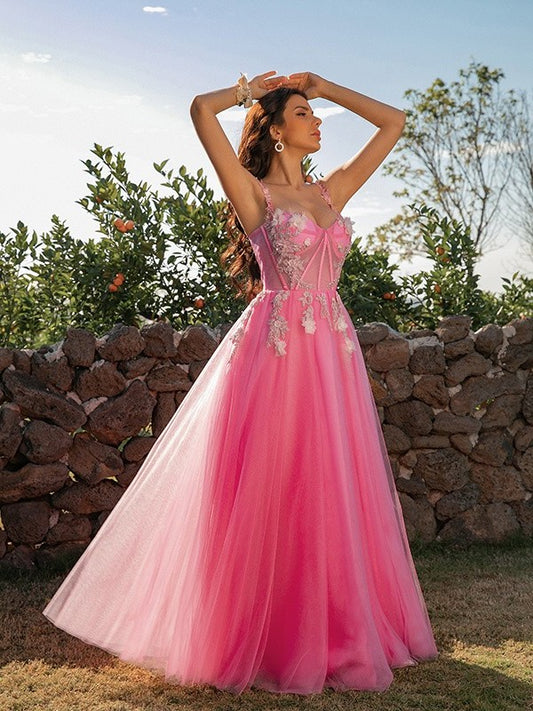 Tulle Applique Straps A-Line/Princess Sleeveless Floor-Length Dresses