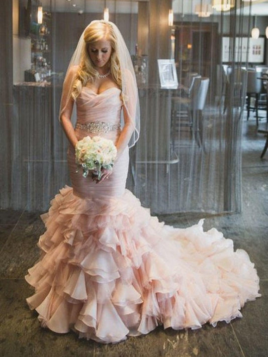 Train Trumpet/Mermaid Court Sweetheart Sleeveless Ruffles Organza Wedding Dresses