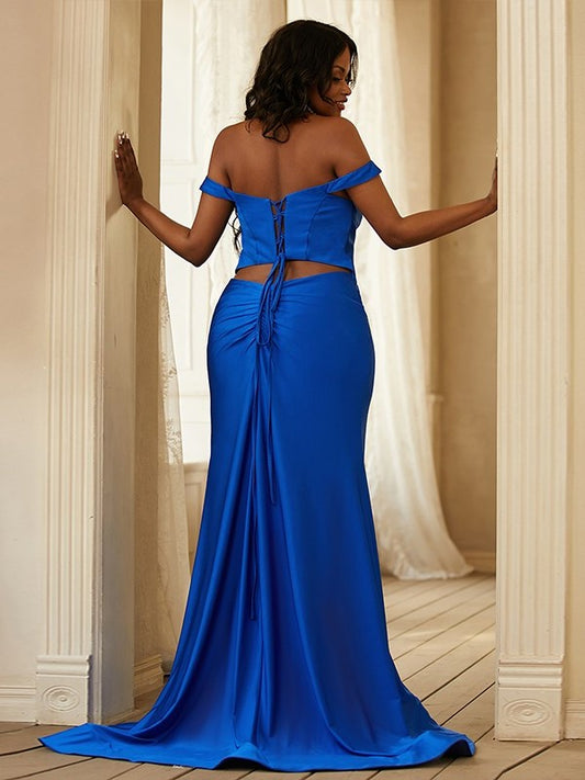 Sheath/Column Sleeveless Ruffles Off-the-Shoulder Jersey Sweep/Brush Train Dresses