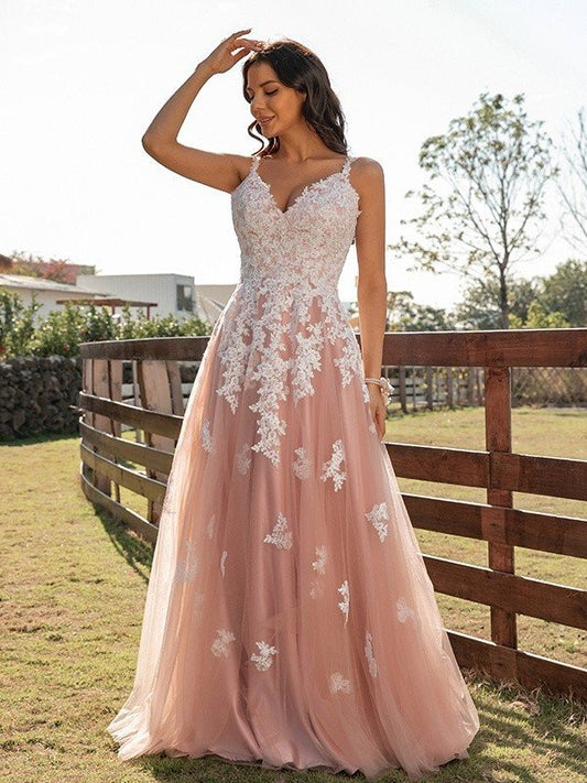 V-neck Applique A-Line/Princess Tulle Sleeveless Floor-Length Dresses