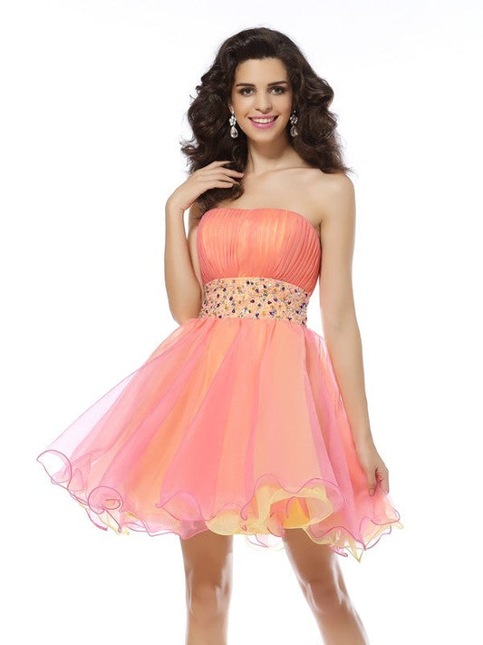 Cocktail April Homecoming Dresses A-Line/Princess Strapless Beading Sleeveless Short Organza Dresses