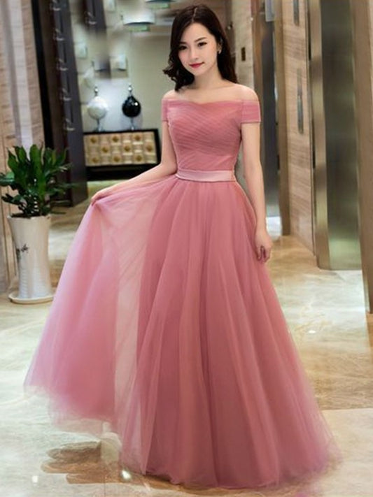 Tulle A-Line/Princess Off-the-Shoulder Ruffles Sleeveless Floor-Length Dresses