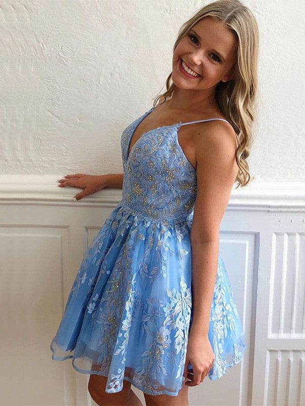 A-Line/Princess Applique Tulle Spaghetti Sleeveless Straps Short/Mini Homecoming Dresses