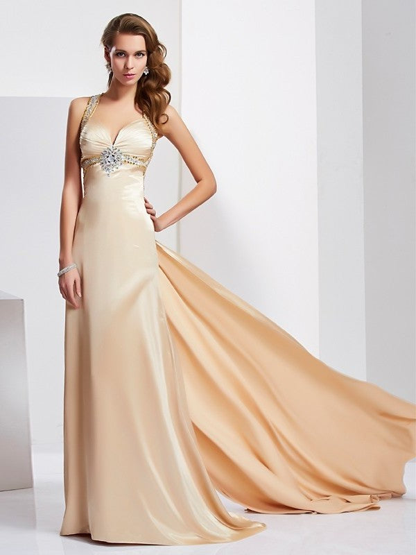 Silk Long Ruffles Sleeveless Halter Sheath/Column like Satin Dresses