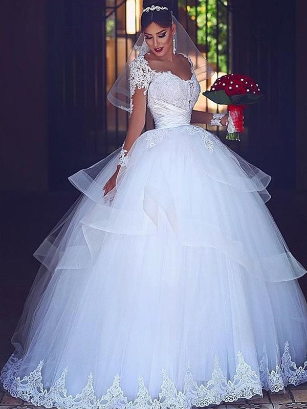 Sleeves Ball Gown Sweetheart Long Floor-Length Lace Tulle Wedding Dresses