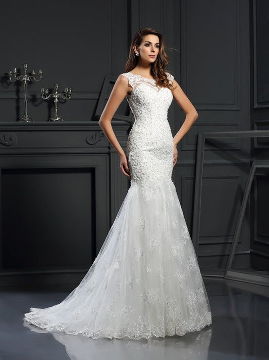 Sleeves Scoop Trumpet/Mermaid Applique Long Short Tulle Wedding Dresses