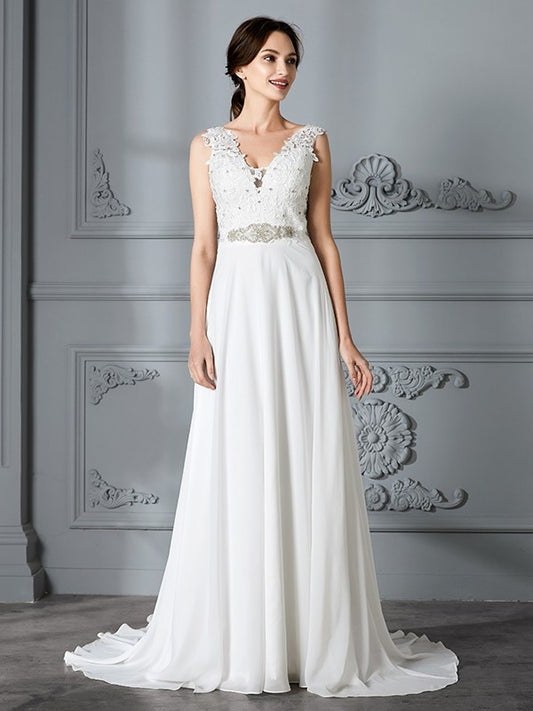 Sweep/Brush A-Line/Princess V-neck Train Sleeveless Chiffon Wedding Dresses