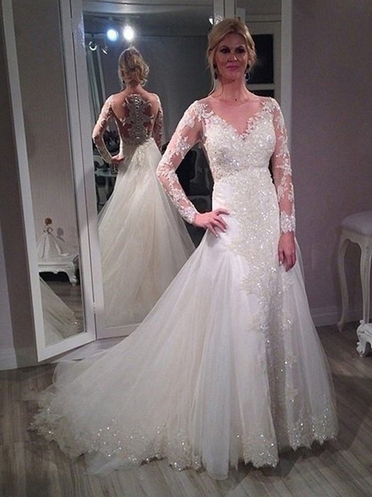 V-neck Sweep/Brush Sleeves Sequin A-Line/Princess Train Long Tulle Wedding Dresses