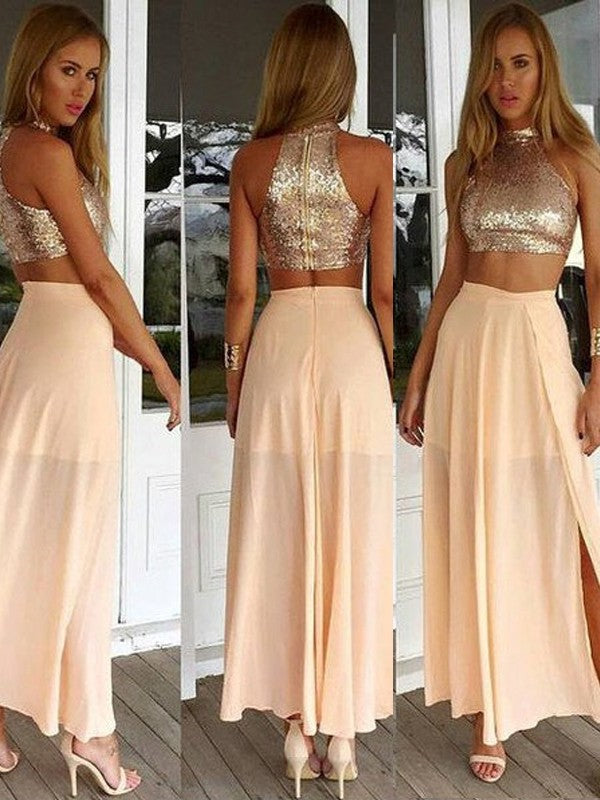 Neck High Sleeveless A-Line/Princess Sequin Chiffon Ankle-Length Dresses