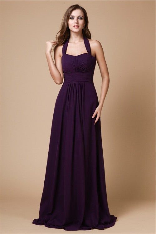 Sleeveless Ruffles Long A-Line/Princess Halter Chiffon Bridesmaid Dresses