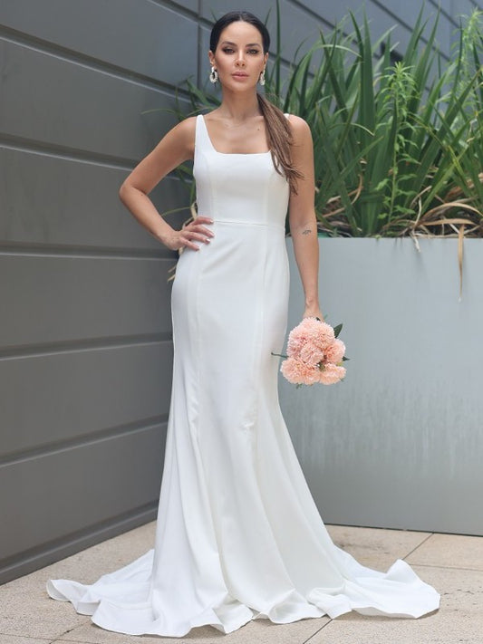 Crepe Straps Sleeveless Ruffles Sheath/Column Sweep/Brush Stretch Train Wedding Dresses