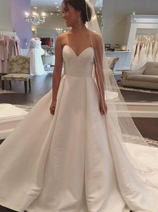 Sleeveless Sweetheart Court Train Ball Gown Satin Wedding Dresses