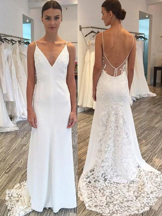 Spaghetti Satin Sleeveless Straps Sweep/Brush Sheath/Column Lace Train Wedding Dresses