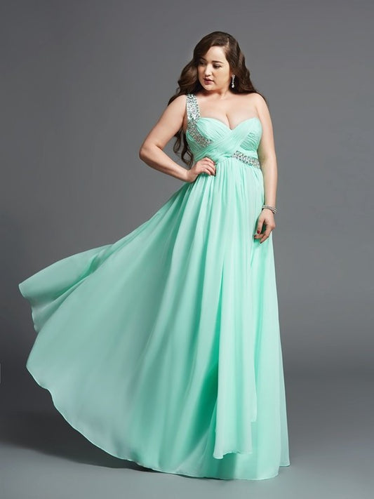 Sleeveless Chiffon Long Rhinestone One-Shoulder A-Line/Princess Plus Size Dresses