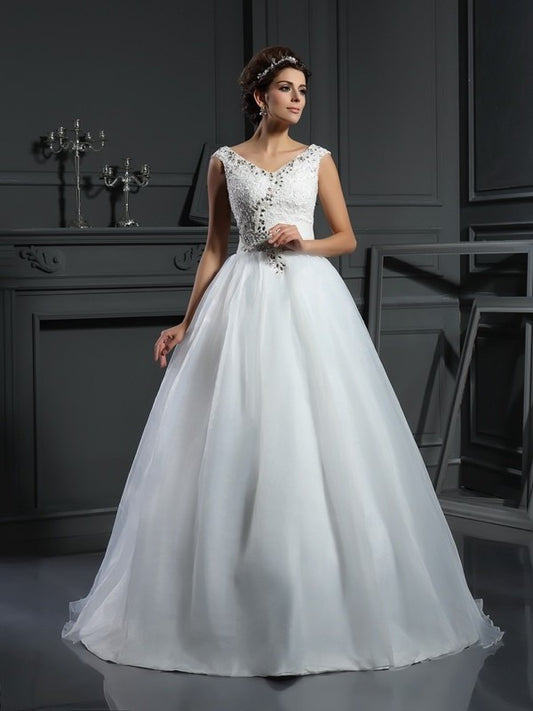 Sleeveless V-neck Beading Long A-Line/Princess Organza Wedding Dresses