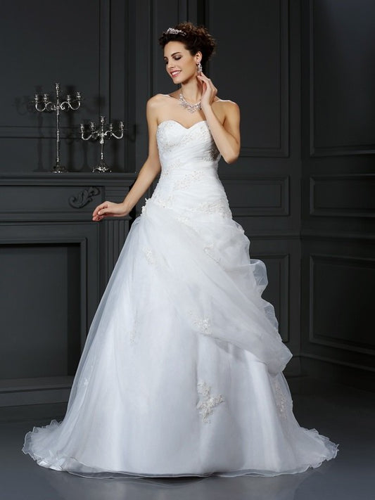 Sleeveless Ball Long Beading Gown Sweetheart Organza Wedding Dresses