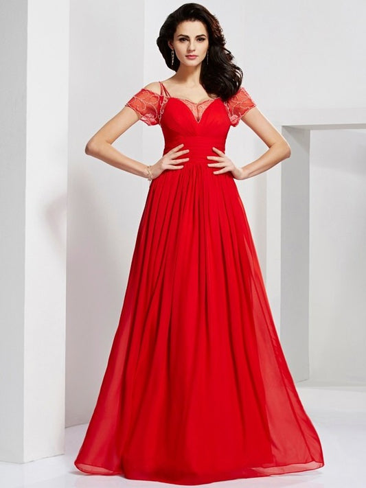 Spaghetti Short Ruffles Straps A-Line/Princess Sleeves Long Chiffon Dresses