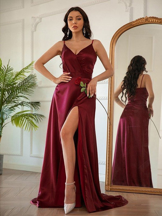 like Sleeveless Satin Ruched Silk V-neck A-Line/Princess Sweep/Brush Train Dresses