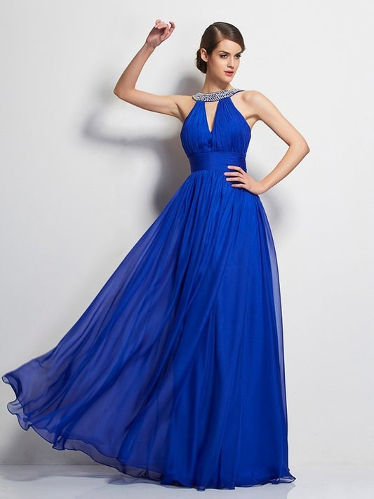 V-neck A-Line/Princess Beading Sleeveless Long Chiffon Dresses