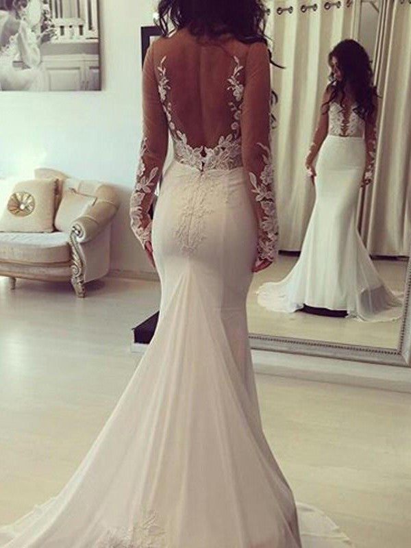 Scoop Sleeves Train Court Long Trumpet/Mermaid Chiffon Wedding Dresses