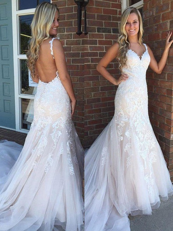 Train Applique Sleeveless Sweep/Brush Trumpet/Mermaid V-neck Tulle Wedding Dresses