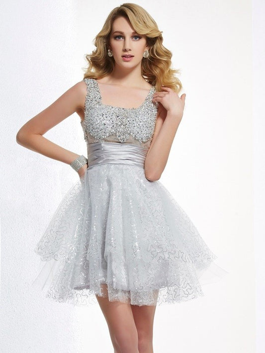 Beading Short A-Line/Princess Elastic Straps Sleeveless Woven Satin Homecoming Dresses