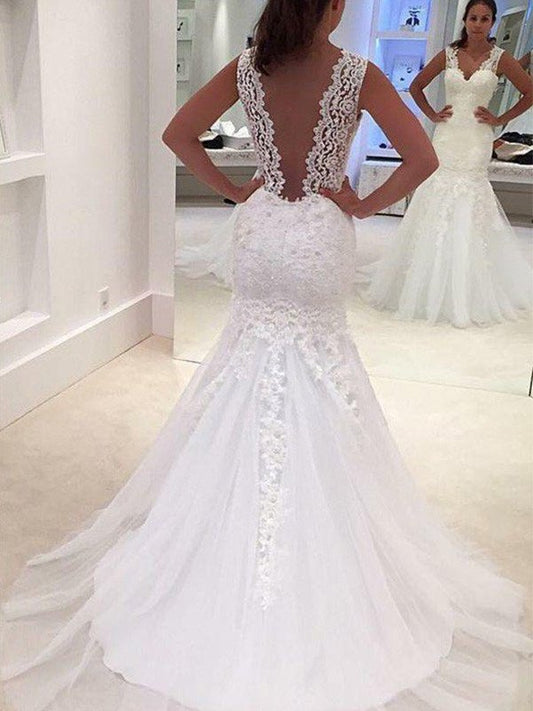 Train V-neck Applique Court Sleeveless Trumpet/Mermaid Lace Wedding Dresses