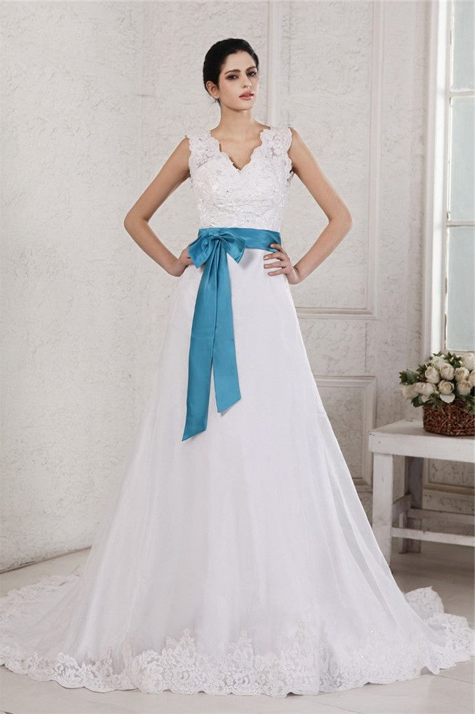 Organza Long Sash Sleeveless Applique V-neck A-Line/Princess Satin Wedding Dresses