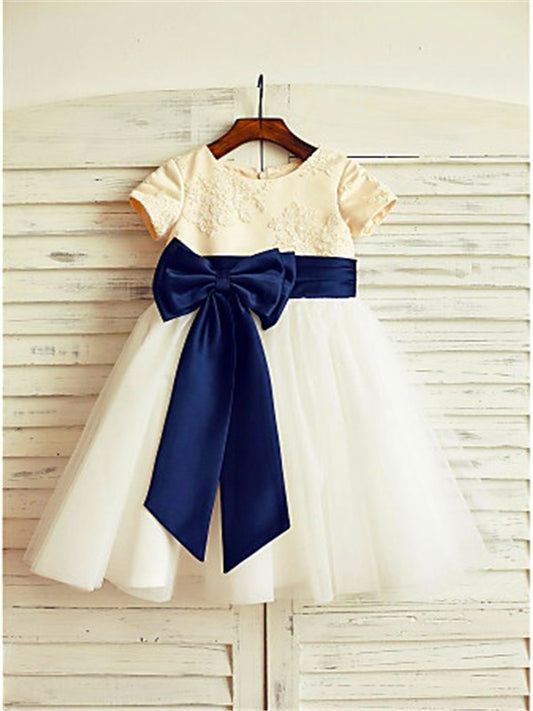 Short Scoop Tulle Bowknot Tea-Length Sleeves A-line/Princess Flower Girl Dresses